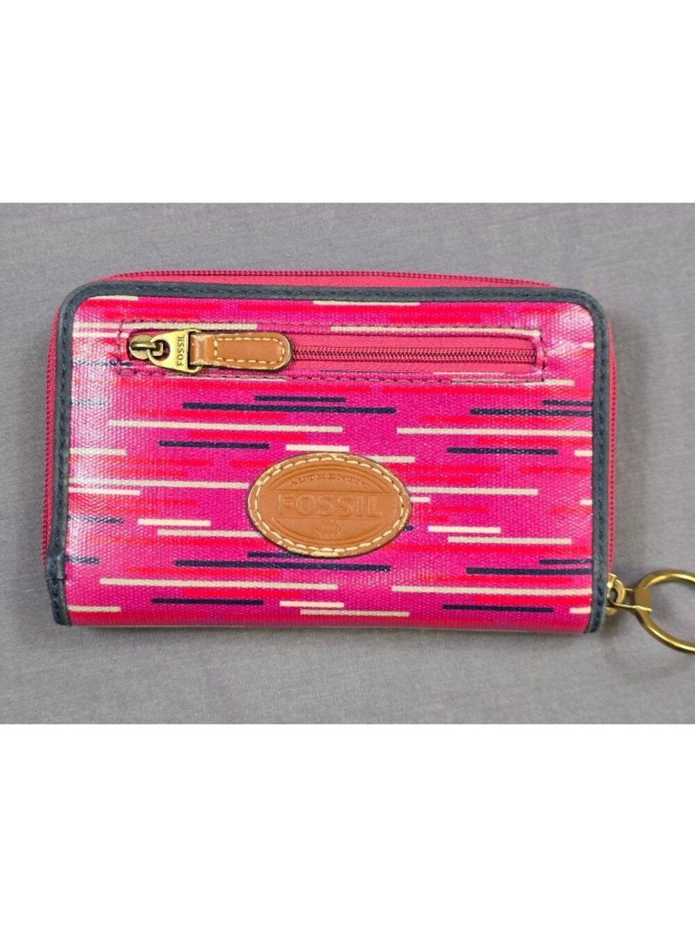 Fossil Pink Multicolor Striped Vinyl Zipper Wallet With Keyring 6"X4"